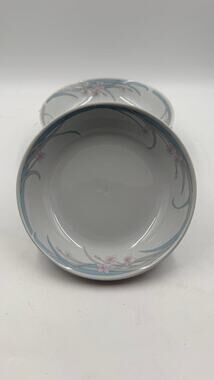 Vintage 1980's Set of 5 Soup Bowls 8" Inch Blue Pink on White Porcelain